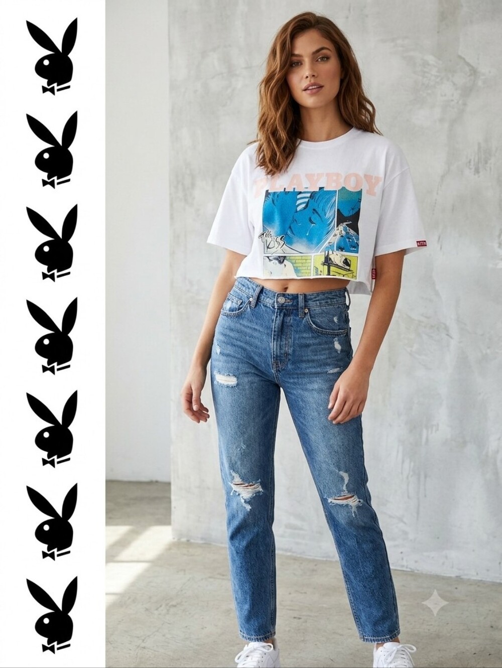 PLAYBOY White Graphic Crop Y2K Style